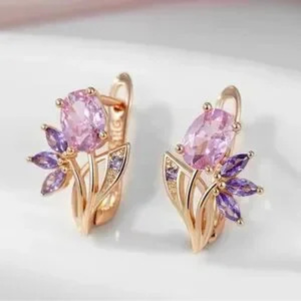 Purple Pink Zircon Flower Drop Earrings For Women